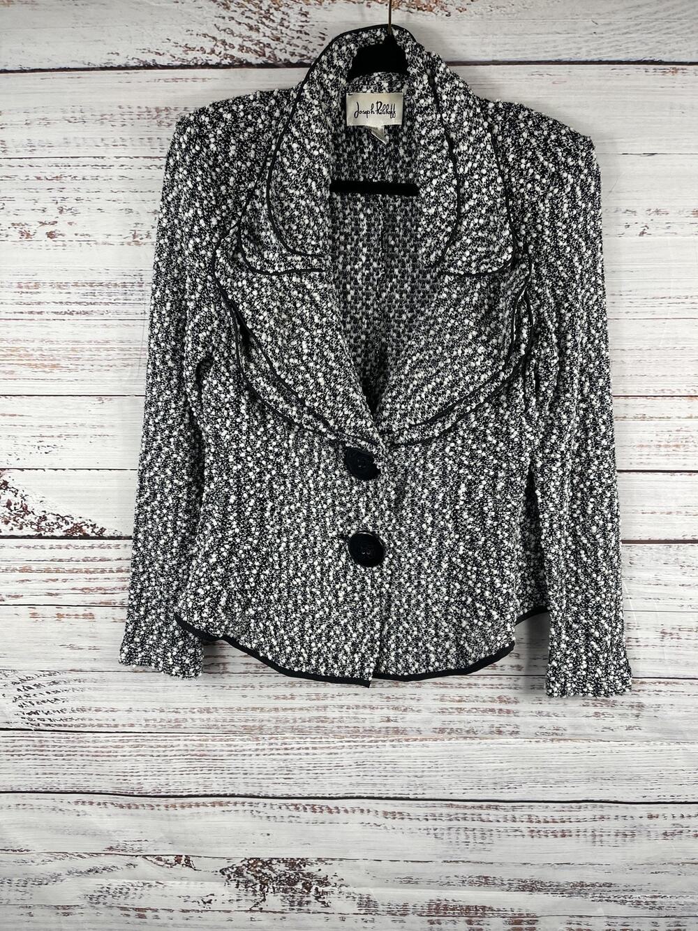 Joseph Ribkoff Blazer Women's SZ 10 Black White Tweed Ruffle Collar Button Front